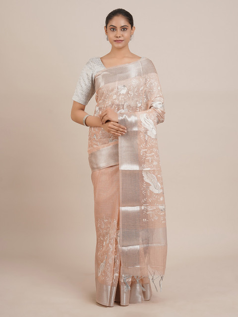 

Pothys Peach-Coloured & Silver-Toned Tissue Woven Design Saree