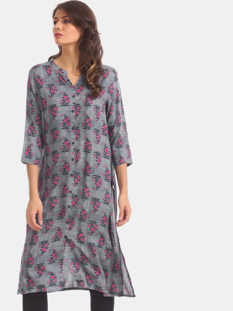 

Karigari Women Grey & Pink Floral Printed Band Collar Kurta