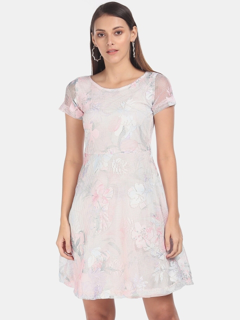 

Sugr Women Pink & White Self Design Mesh Fit and Flare Dress