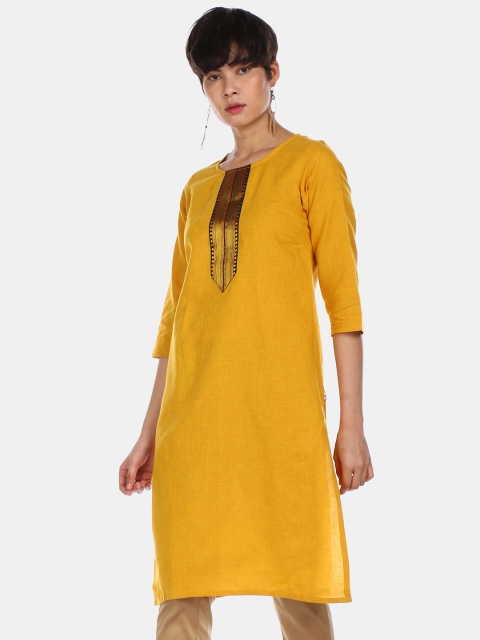 

Karigari Women Mustard Yellow A-Line Thread Work Cotton Kurta