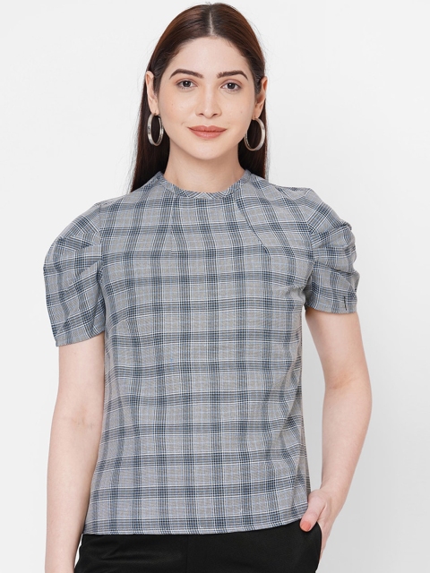 

109F Grey & Blue Checked Puff Sleeves Regular Top