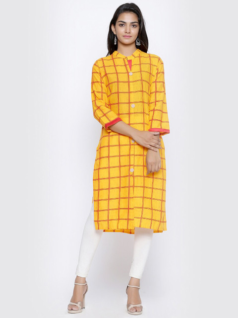 

SOUNDARYA Women Yellow & Red Checked Cotton Kurta