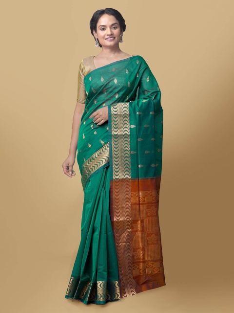 

Unnati Silks Green & Maroon Pure Cotton Woven Design Handloom Gadwal Saree