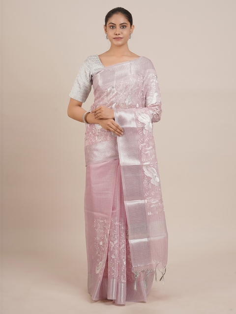 

Pothys Pink Embroidered Tissue Saree With Tasseled Pallu