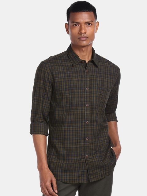 

AD By Arvind Men Olive Green & Navy Blue Pure Cotton Checked Casual Shirt