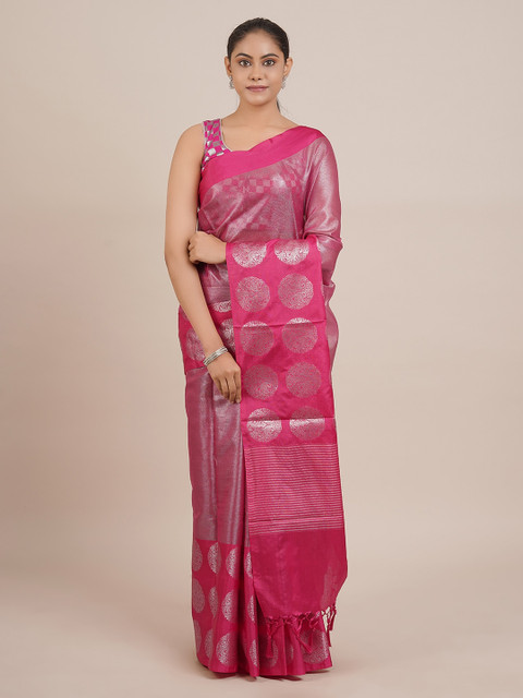 

Pothys Pink & Silver-Toned Tissue Woven Design Saree