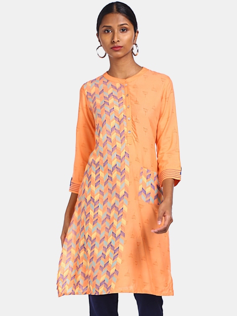 

Karigari Women Orange Ethnic Motifs Printed Flared Sleeves Sequins Kurta