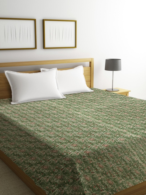 

Rajasthan Decor Olive Green & Red Kantha Block Print Sustainable Cotton Double Bed Cover
