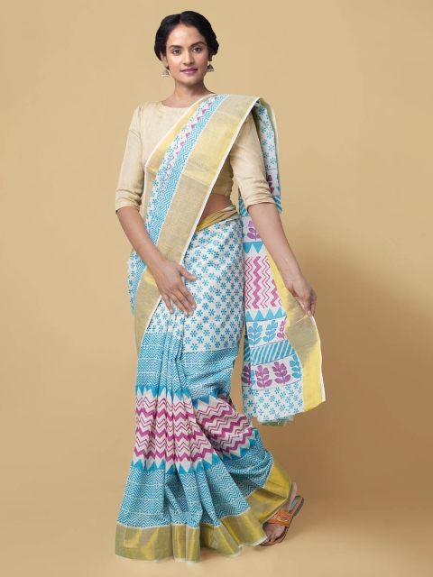 

Unnati Silks Off-White & Blue Pure Cotton Printed Kasavu Saree