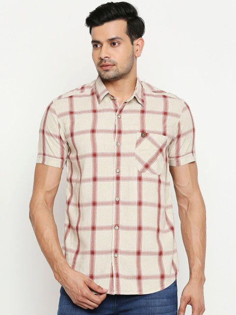

Mufti Men Beige & Rust Orange Slim Fit Checked Casual Shirt