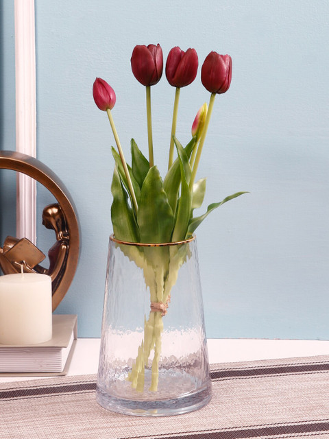 

TAYHAA Set Of 5 Maroon & Green Alluring Bunch Tulip Flowers & Buds Flower Sticks