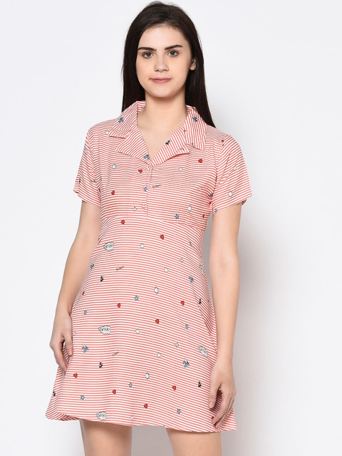 

Rigo Women Red & White Pure Cotton Striped Shirt Dress
