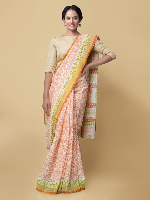Unnati Silks Cream-Coloured Pure Cotton Printed Kasavu Saree