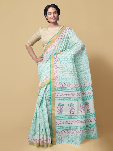 

Unnati Silks Cream-Coloured & Sea Green Pure Cotton Printed Kasavu Saree