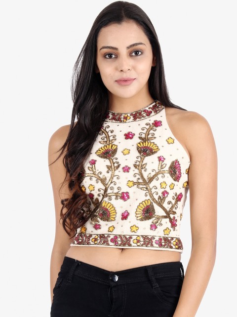 

Diwaah Off White & Pink Floral Embellished Fitted Crop Top