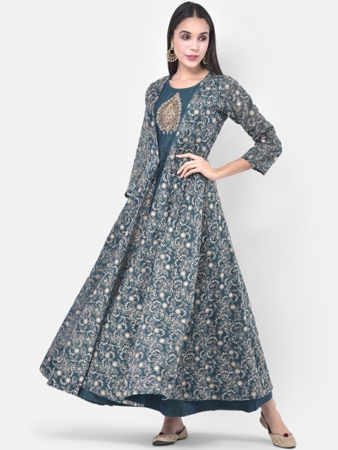 

Neerus Women Blue Floral Printed Empire Floor Length Anarkali Chanderi Silk Kurta Set