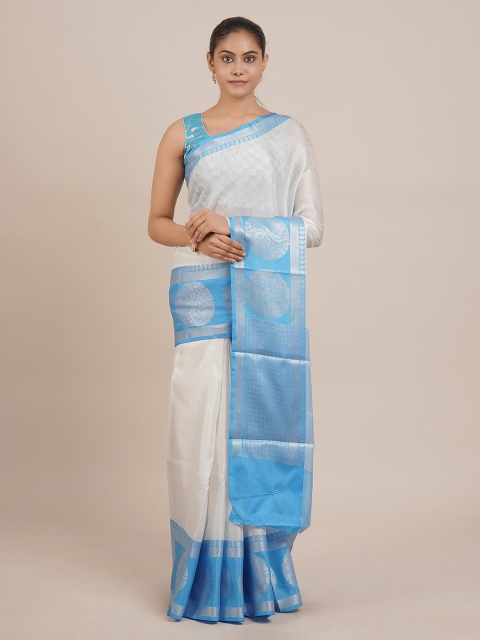 

Pothys White & Blue Cotton Blend Woven Design Saree