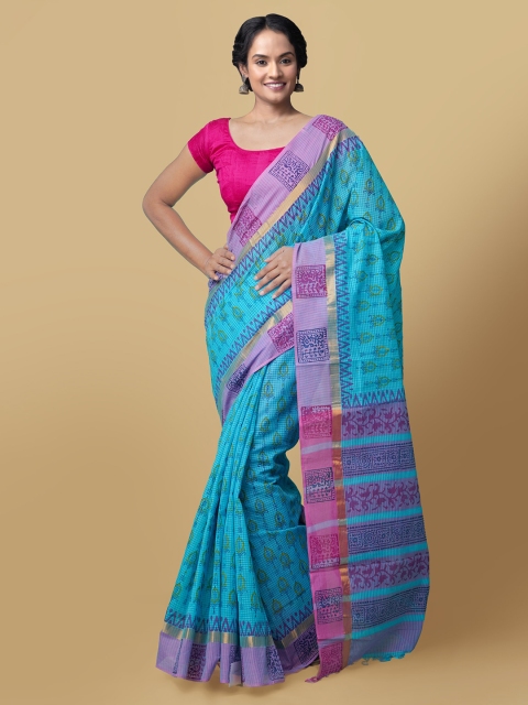 

Unnati Silks Blue & Purple Pure Cotton Printed Mangalagiri Saree