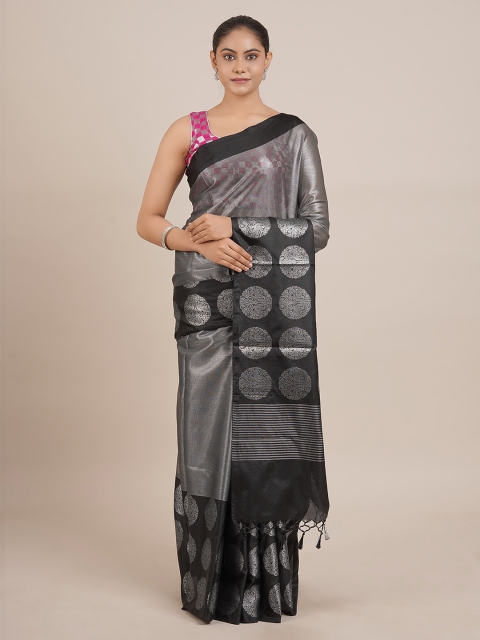 

Pothys Grey Solid Tissue Saree With Tasseled Pallu