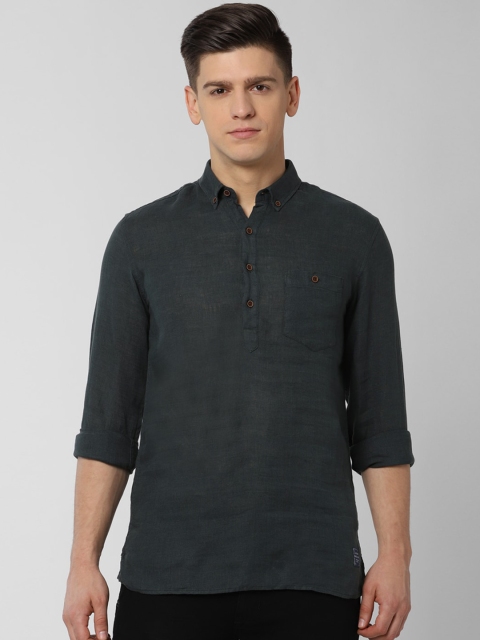 

Peter England Casuals Men Charcoal Grey Slim Fit Solid Linen Short Kurta