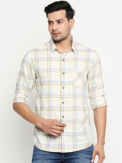 

Mufti Men Cream-Coloured & Blue Slim Fit Checked Casual Shirt