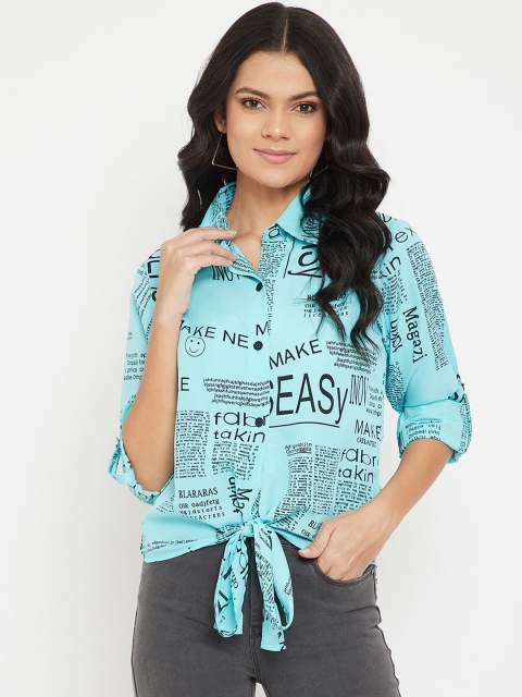 

TULIP 21 Turquoise Blue Printed Shirt Style Top