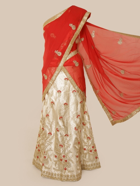 

Pothys Red & Gold Poly Chiffon Embroidered Traditional Half Saree