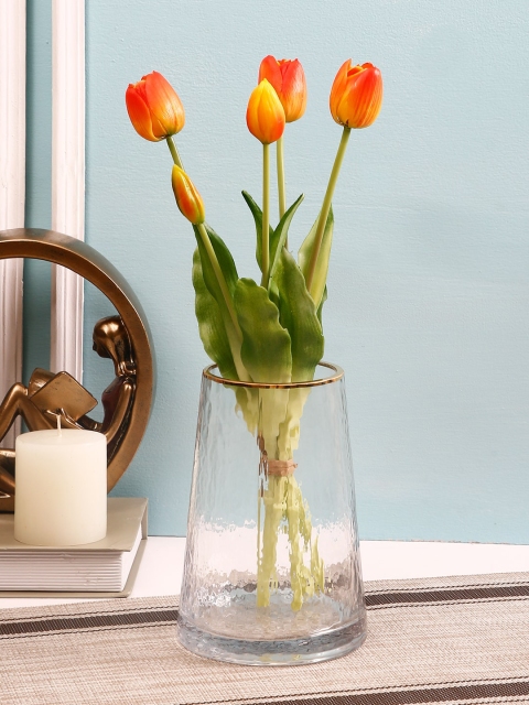 

TAYHAA Set of 5 Orange & Green Bunch Of Artificial Tulip Flowers & Buds