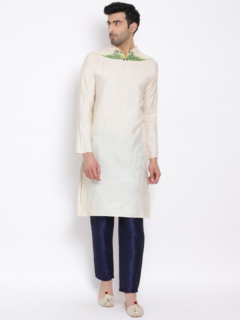 

DEVOILER Men Off White & Green Silk Kurta
