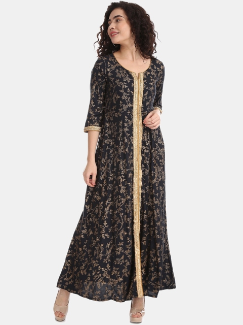 Anahi Women Navy Blue & Beige Ethnic Motifs Printed Kurta