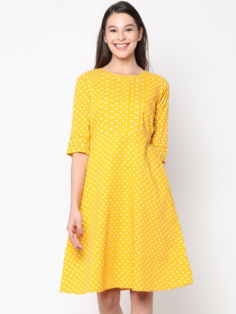

CINNAMON CLOSET Women Yellow & White Polka Dots Print Fit and Flare Dress
