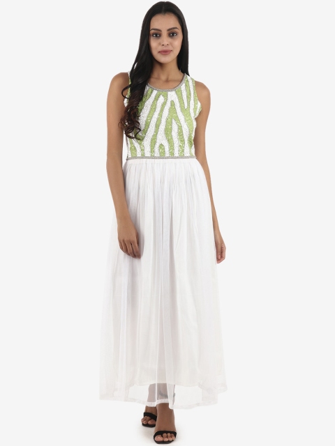 

Diwaah Women White & Mint Green Sequinned Maxi Dress