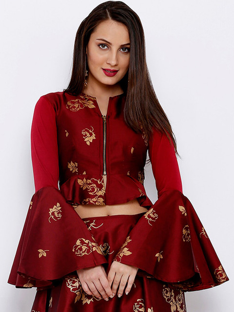 

Ira Soleil Maroon Printed Mandarin Collar Flared Sleeves Fitted Crop Top