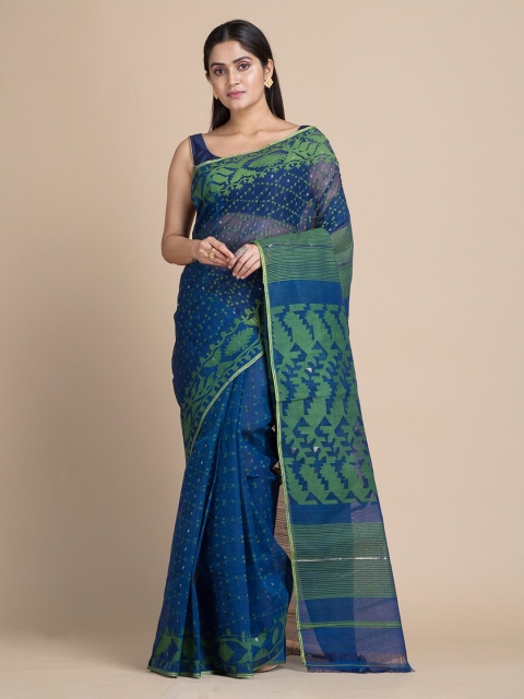 

Mitera Teal Silk Cotton Woven Design Jamdani Saree