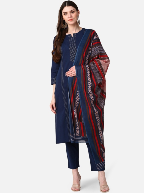 

AHIKA Women Navy Blue & Red Embroidered Kurta with Trousers & Dupatta