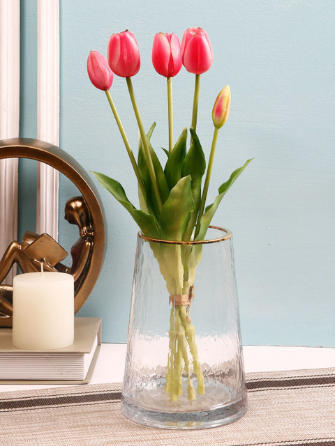 

TAYHAA Pink & Green Bunch of 5 Artificial Tulip Flowers and Buds