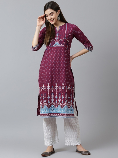 

QOMN Women Burgundy Geometric Printed Cotton Keyhole Neck Kurta
