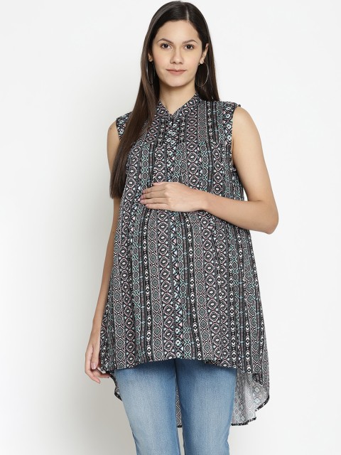 

The Vanca Maternity Multicoloured Printed Mandarin Collar High-Low Longline Top, Multi