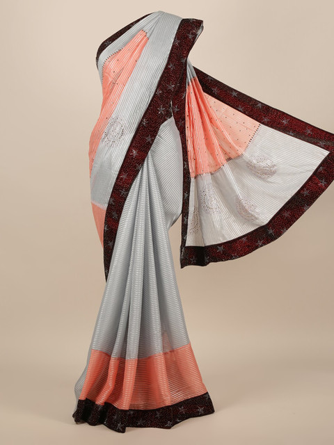 

Pothys Grey & Peach-Coloured Poly Chiffon Colourblocked Saree