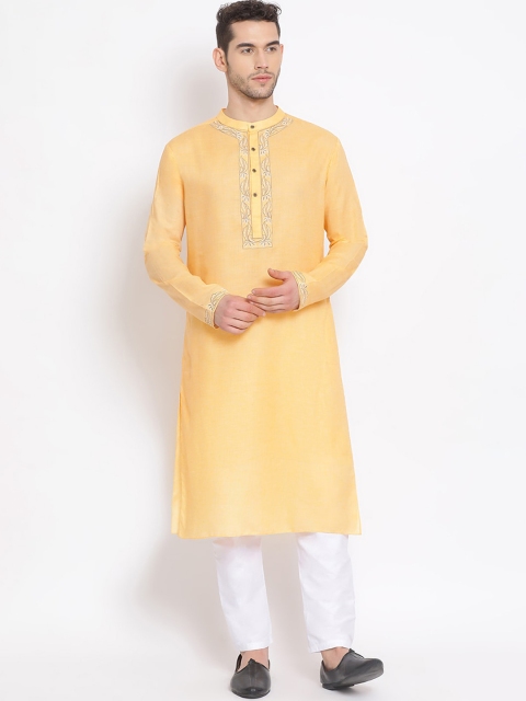 

DEVOILER Men Yellow Yoke Design Thread Work Kurta