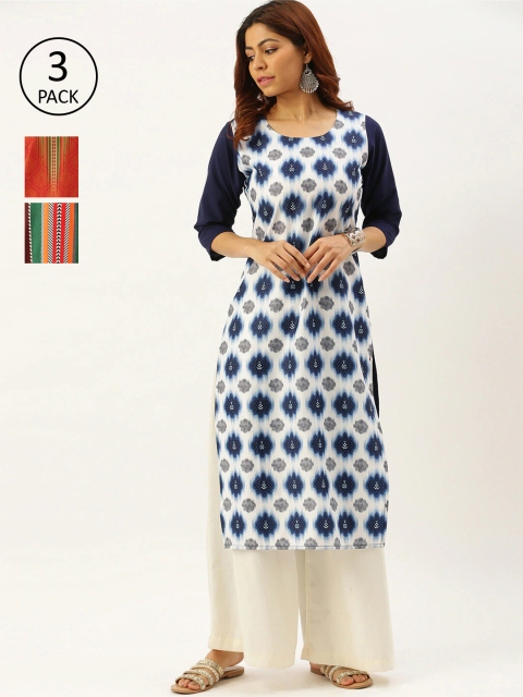 

7Threads Women Multicoloured Set of 3 Geometric Printed Crepe Kurta, Multi