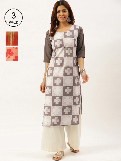 

7Threads Women Pack of 3 Multicoloured Geometric Printed Crepe Kurta, Multi