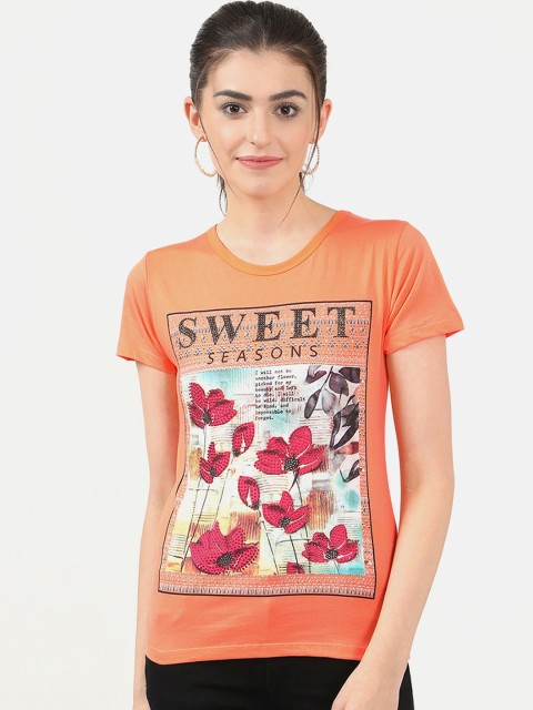 

V2 Value & Variety Women Orange Printed Round Neck T-shirt