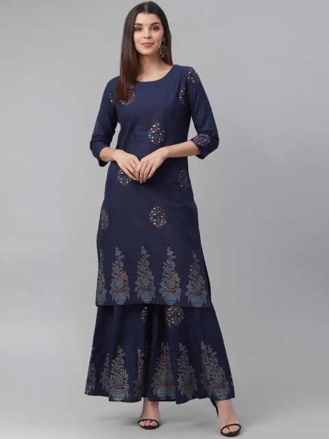 

nesara Women Navy Blue Printed Kurta with Sharara