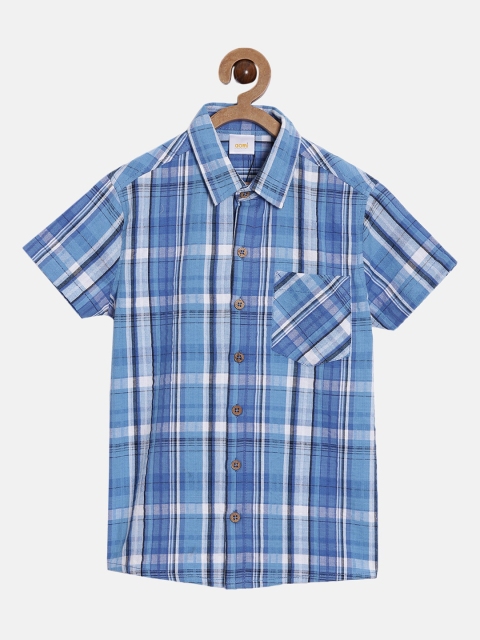 

Aomi Boys Blue & White Regular Fit Seersucker Checked Casual Shirt