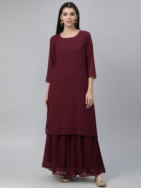 

nesara Women Maroon & Gold-Toned Printed Kurta with Sharara