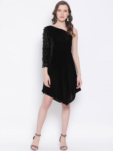 

LY2 Women Black Solid A-Line Velvet Finish Dress