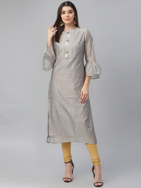 

nesara Women Grey Geometric Bell Sleeves Chanderi Silk Kurta