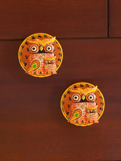 

ExclusiveLane Set Of 2 Orange & Black Motherly Owl Gular Wood Handcrafted Wall Hangings