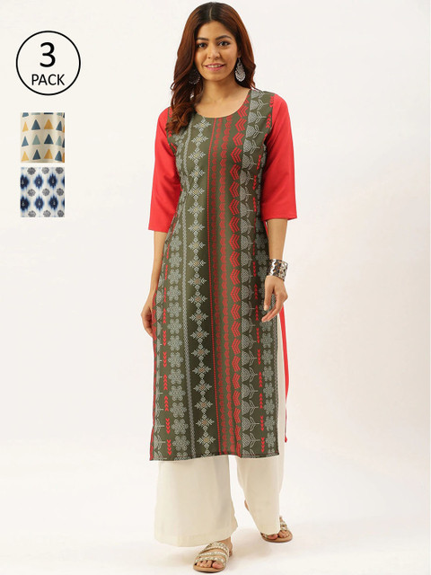 

7Threads Women Pack Of 3 Printed Crepe Kurta, Multi